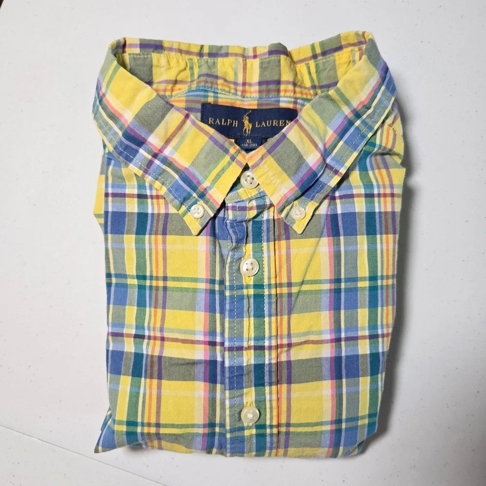 Ralph Lauren Boys XL 18-20 Yellow Blue Plaid Button Down‎ Long Sleeve Shirt